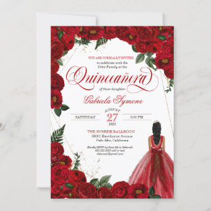Invitación Rosas Rojas y Dorada Fancy Red Ball Guisada Quince