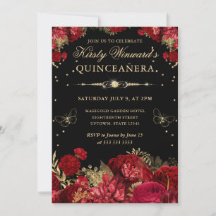 Invitación Rosas Rojas y Doradas Borde Floral Quinceañera