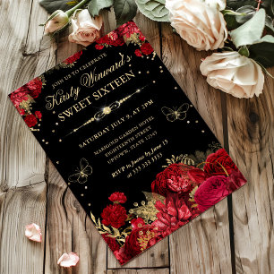 Invitación Rosas Rojas y Doradas Bordean Quince Años Florales