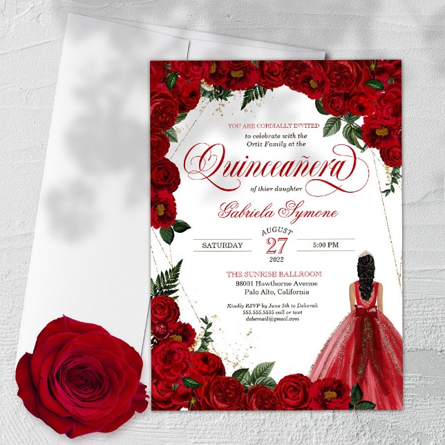 Invitación Rosas Rojas y Doradas Fancy Red Ball Guiso Quincea (Subido por el creador)