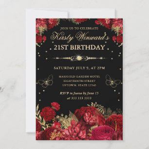 Invitación Rosas Rojas y Doradas Frontera Floral Cumpleaños 2