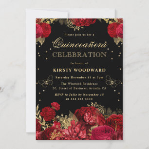 Invitación Rosas Rojas y Doradas Quinceañera Floral
