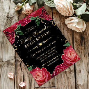 Invitación Rosas Rojas y Doradas Sweet Sixteen Floral