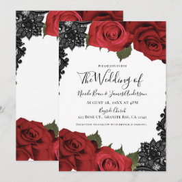 Invitación Rosas rojas y encaje negro Boda chic blanca