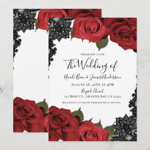 Invitación Rosas rojas y encaje negro Boda Chic Blanca