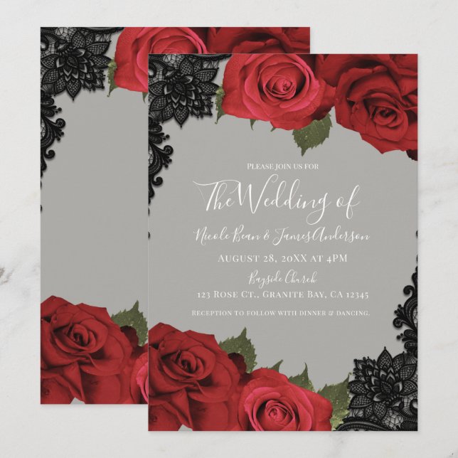 Invitación Rosas rojas y encaje negro Boda chic gris (Anverso / Reverso)