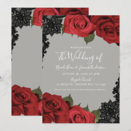 Invitación Rosas rojas y encaje negro, boda chic gris