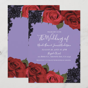 Invitación Rosas rojas y encaje negro Púrpura Chic Boda