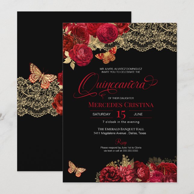Invitación Rosas rojas y encajes Glamorosos mariposa Quinceañ (Anverso / Reverso)