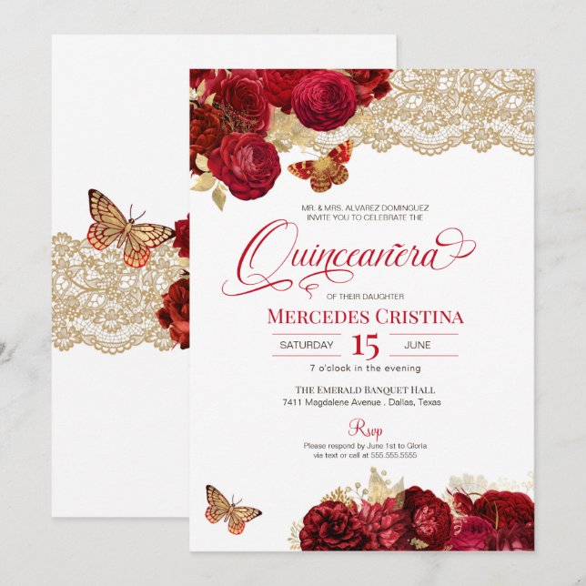 Invitación Rosas rojas y encajes Glamorosos mariposa Quinceañ (Anverso / Reverso)