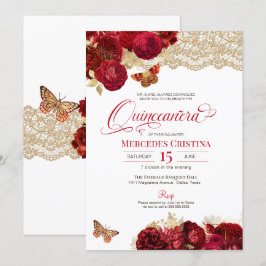 Invitación Rosas rojas y encajes Glamorosos mariposa Quinceañ