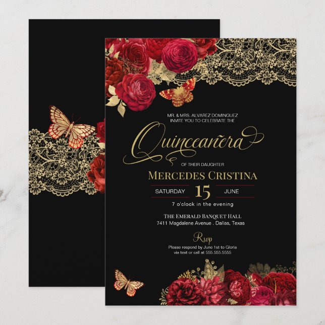 Invitación Rosas rojas y luciérnaga de oro (Anverso / Reverso)