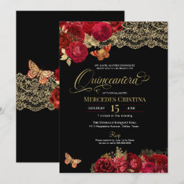 Invitación Rosas rojas y luciérnaga de oro