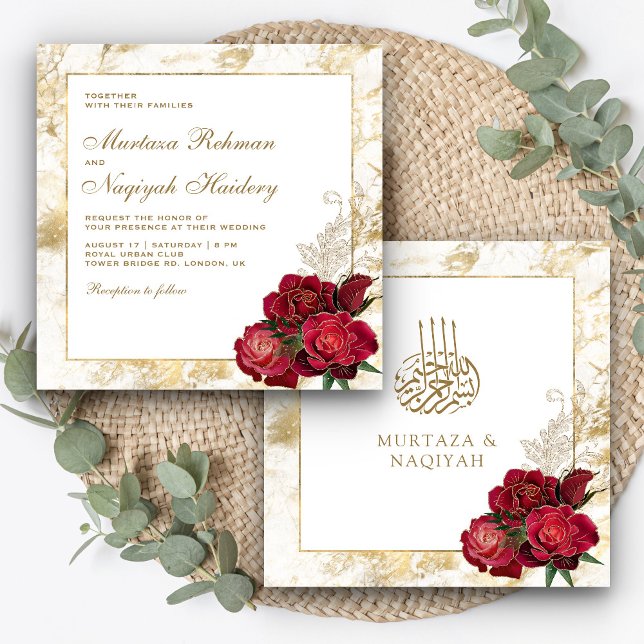 Invitación Rosas rojas y mármol de oro Boda musulmán islámico (Subido por el creador)