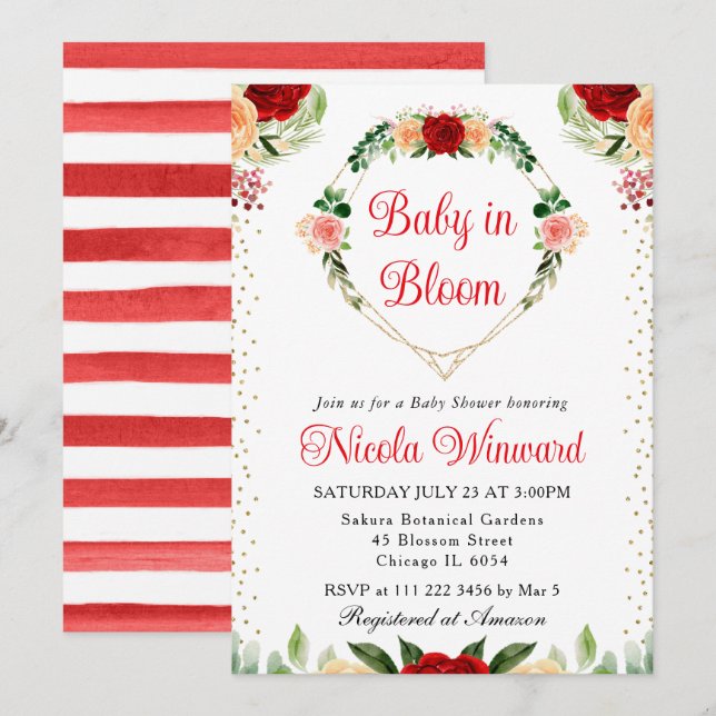 Invitación Rosas Rojas y Naranjas Flores Corazón Shower de Be (Anverso / Reverso)