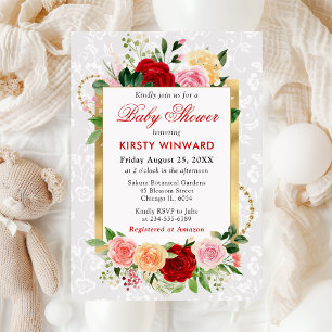 Invitación Rosas Rojas y Naranjas Flores Doradas Baby Shower