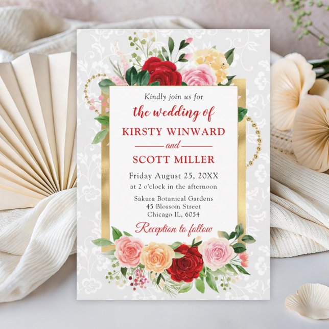 Invitación Rosas Rojas y Naranjas Flores Papel de Oro Boda (Subido por el creador)