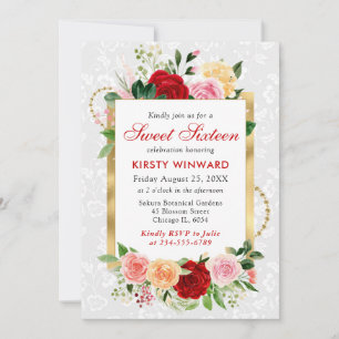 Invitación Rosas Rojas y Naranjas Flores Papel de Oro Dulces