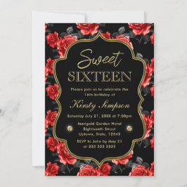 Invitación Rosas rojas y negras elegantes con marco dorado Sw