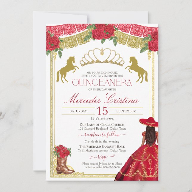 Invitación Rosas Rojas y Oro Carro Occidental Vestido Quincea (Anverso)