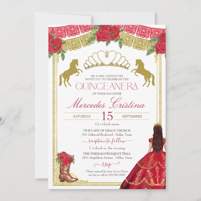 Invitación Rosas Rojas y Oro Carro Occidental Vestido Quincea (Anverso)