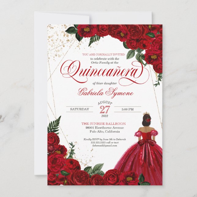 Invitación Rosas Rojas y Oro Elegante vestido Quinceañera (Anverso)