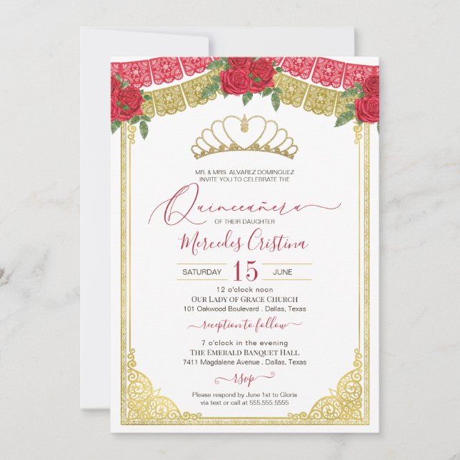 Invitación Rosas Rojas y Oro Ornamental Elegante Quinceanera (Anverso)