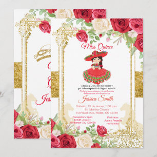 Invitación Rosas Rojas y Oro Señorita Quinceañera Mexicana
