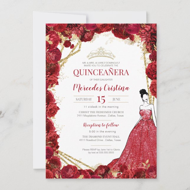 Invitación Rosas rojas y quinceañera de oro (Anverso)