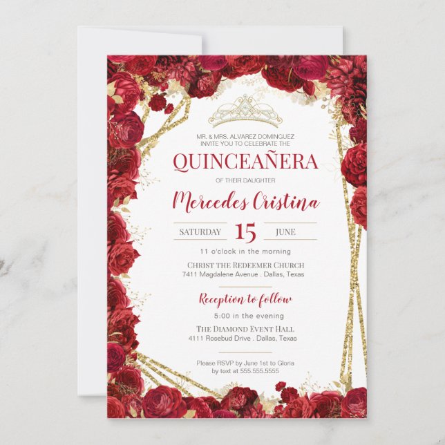 Invitación Rosas rojas y quinceañera de oro con tiara (Anverso)