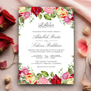 Invitación Rosas Rojas y Rosadas Floral Boda Musulmana
