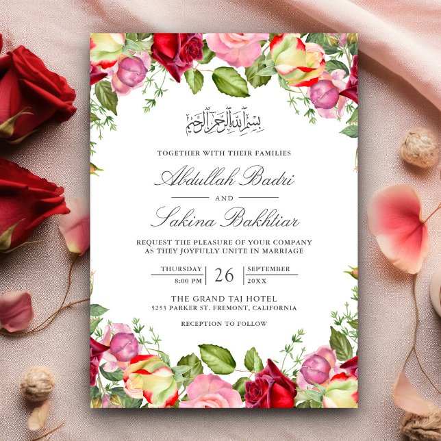 Invitación Rosas Rojas y Rosadas Floral Boda Musulmana (Subido por el creador)