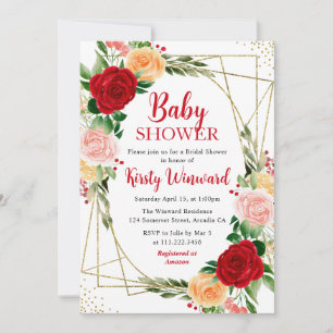 Invitación Rosas Rojas y Rosadas & Marco Dorado Baby Shower