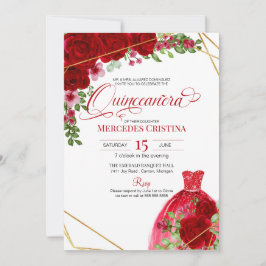 Invitación Rosas rojas y vestidos Purpurinas Glamorosos Quinc