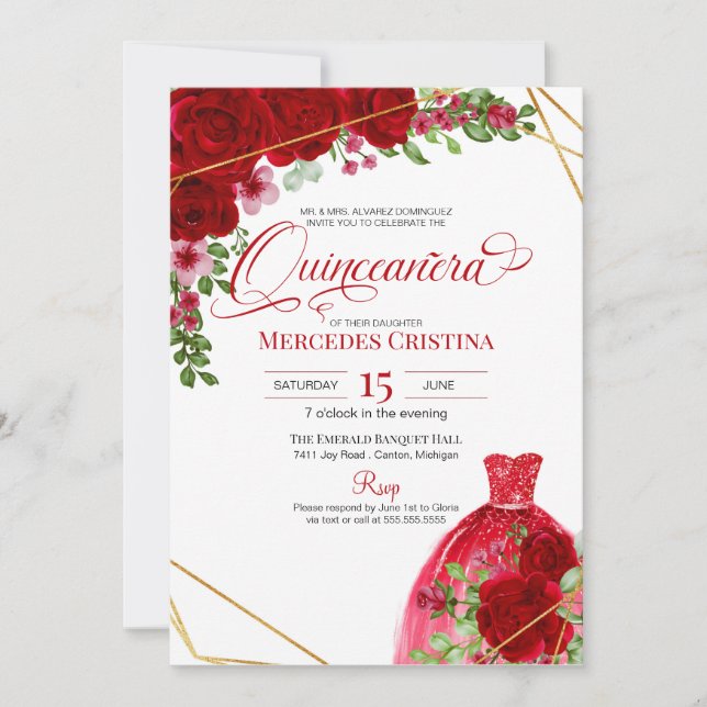 Invitación Rosas rojas y vestidos Purpurinas Glamorosos Quinc (Anverso)