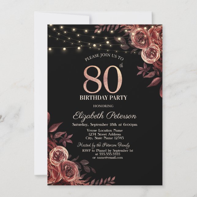 Invitación Rosas Rojo Oscuro, Luces de Cadena Negras Cumpleañ (Anverso)