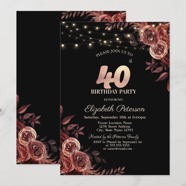 Invitación Rosas Rojo Oscuro, Luces de Cadena Negras Cumpleañ (Anverso / Reverso)