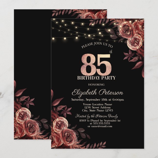 Invitación Rosas Rojo Oscuro, Luces de Cadena Negras Cumpleañ (Anverso / Reverso)
