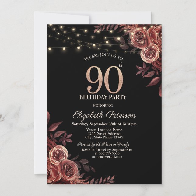Invitación Rosas Rojo Oscuro, Luces de Cadena Negras Cumpleañ (Anverso)