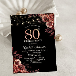 Invitación Rosas Rojo Oscuro, Luces de Cadena Negras Cumpleañ