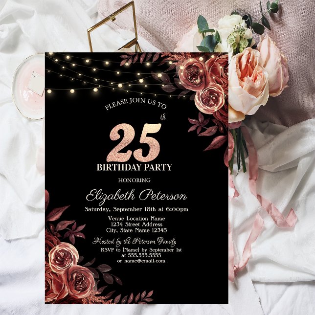 Invitación Rosas Rojo Oscuro, Luces de Cadena Negras Cumpleañ (Subido por el creador)