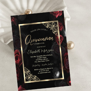 Invitación Rosas Rojo Oscuro Marco Dorado Quinceañera Negra