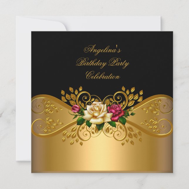 Invitación Rosas Rojo Rosa Crema Negro Oro Cumpleaños (Anverso)