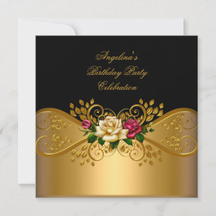 Invitación Rosas Rojo Rosa Crema Negro Oro Cumpleaños