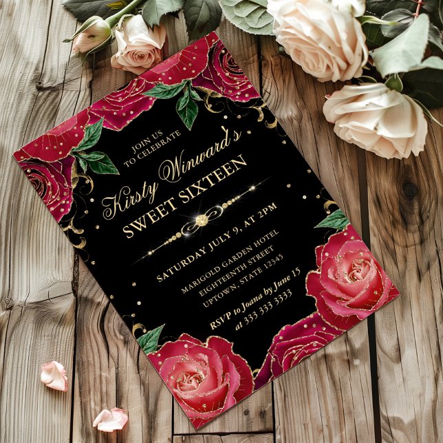 Invitación Rosas Rojo y Oro Dulce Floral Dieciséis (Subido por el creador)