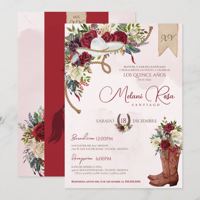 Invitación Rosas rojos blancos de invierno Charro Español Qui (Anverso / Reverso)