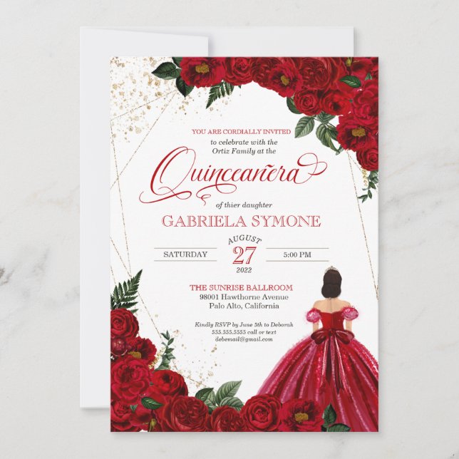 Invitación Rosas rojos blancos y dorados elegante traje Quinc (Anverso)