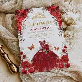 Invitación Rosas rojos de oro princesa Quinceañera mis cinco