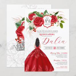 Invitación Rosas Rojos Elegantes Escudo Floral Formal Quincea