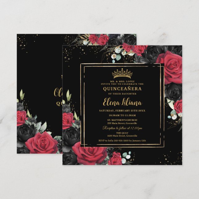 Invitación Rosas rojos negros Floral Oro Quinceanera dulce 16 (Anverso / Reverso)